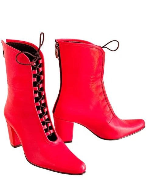 Red Leather Lace Up Mid-Calf Boot - Cuban